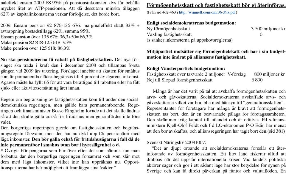 Ensam pension över 135 676: 36,3+50= 86,3% Make pension 82 818-125 618 :95% Make pension över 125 618: 86,3% Nu ska pensionärerna få rabatt på fastighetsskatten.