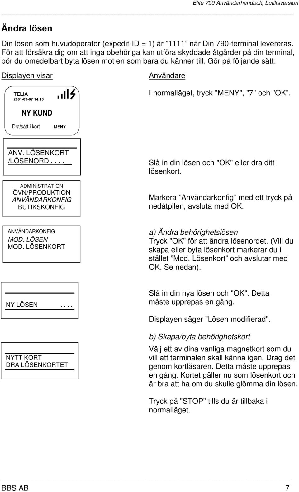 Gör på följande sätt: Displayen visar TELIA 2001-09-07 14:10 Användare I normalläget, tryck "MENY", "7" och "OK". NY KUND Dra/sätt i kort MENY ANV. LÖSENKORT /LÖSENORD.