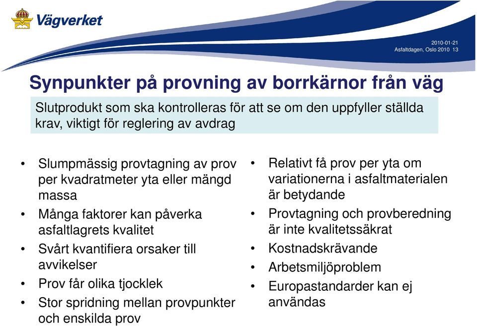 Svårt kvantifiera orsaker till avvikelser Prov får olika tjocklek Stor spridning mellan provpunkter och enskilda prov Relativt få prov per yta om