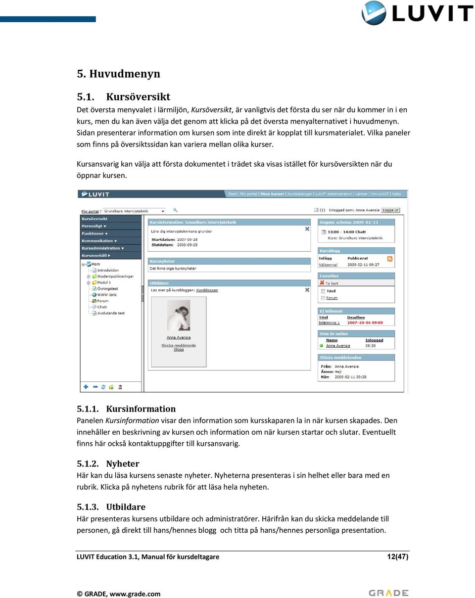 huvudmenyn. Sidan presenterar information om kursen som inte direkt är kopplat till kursmaterialet. Vilka paneler som finns på översiktssidan kan variera mellan olika kurser.