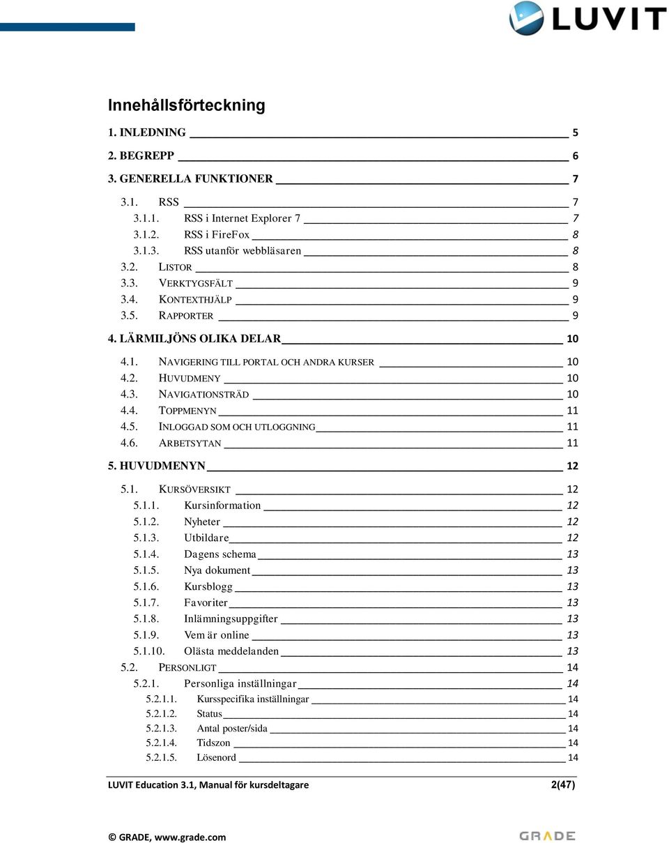 6. ARBETSYTAN 11 5. HUVUDMENYN 12 5.1. KURSÖVERSIKT 12 5.1.1. Kursinformation 12 5.1.2. Nyheter 12 5.1.3. Utbildare 12 5.1.4. Dagens schema 13 5.1.5. Nya dokument 13 5.1.6. Kursblogg 13 5.1.7.