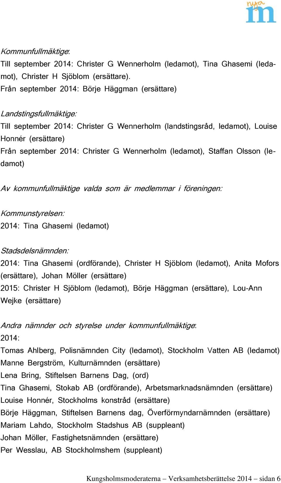 Wennerholm (ledamot), Staffan Olsson (ledamot) Av kommunfullmäktige valda som är medlemmar i föreningen: Kommunstyrelsen: 2014: Tina Ghasemi (ledamot) Stadsdelsnämnden: 2014: Tina Ghasemi