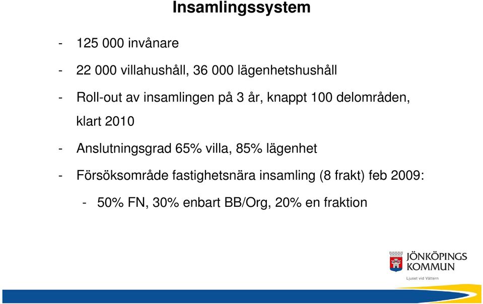 klart 2010 - Anslutningsgrad 65% villa, 85% lägenhet - Försöksområde