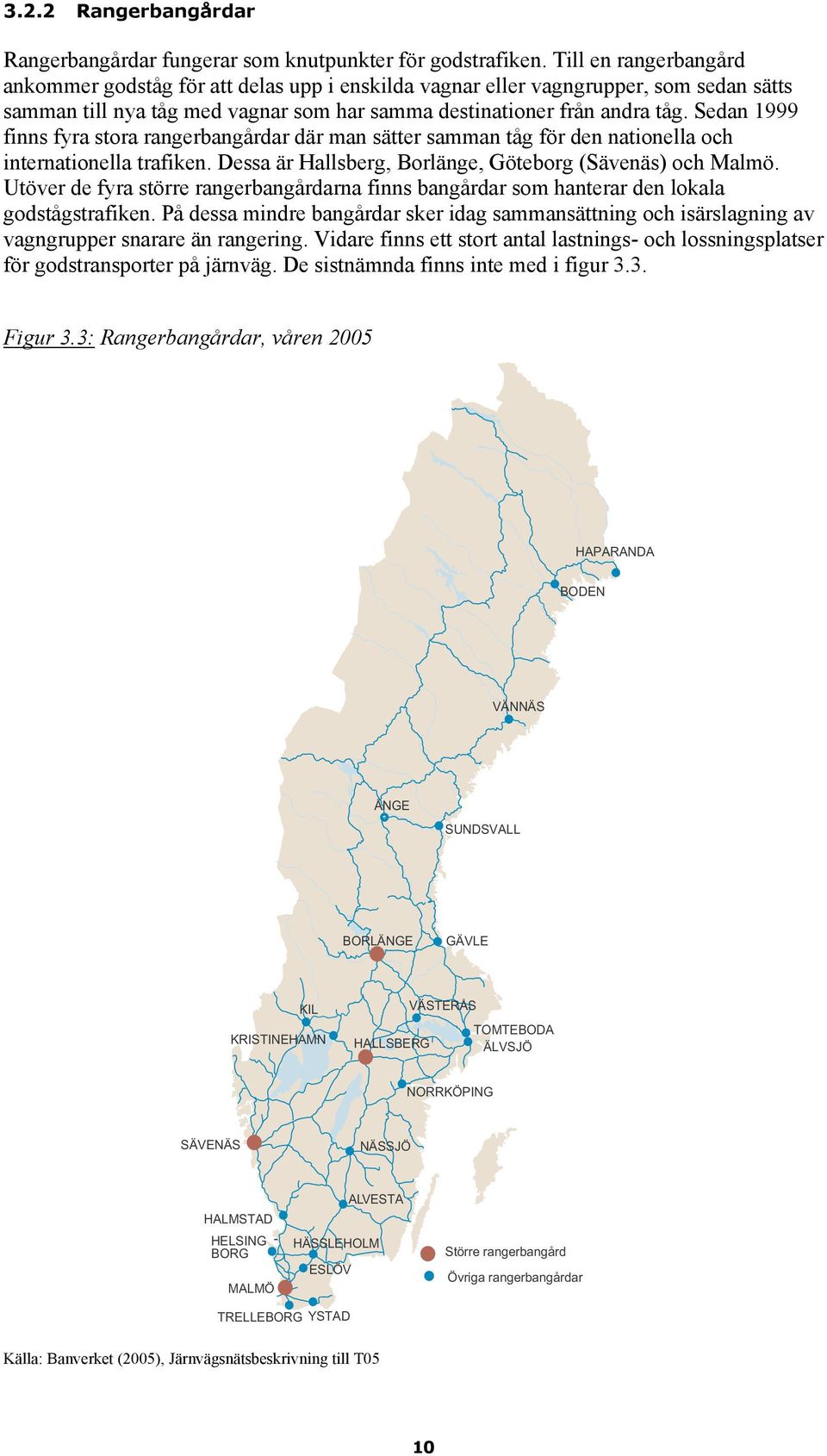 Sedan 1999 finns fyra stora rangerbangårdar där man sätter samman tåg för den nationella och internationella trafiken. Dessa är Hallsberg, Borlänge, Göteborg (Sävenäs) och Malmö.