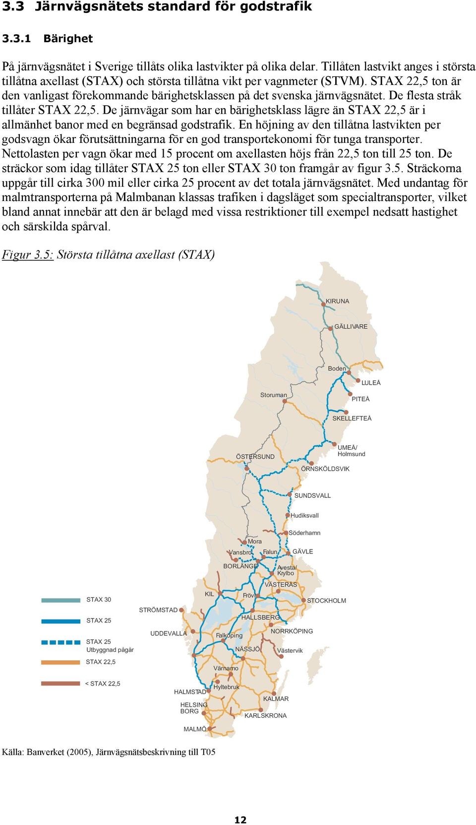 De flesta stråk tillåter STAX 22,5. De järnvägar som har en bärighetsklass lägre än STAX 22,5 är i allmänhet banor med en begränsad godstrafik.