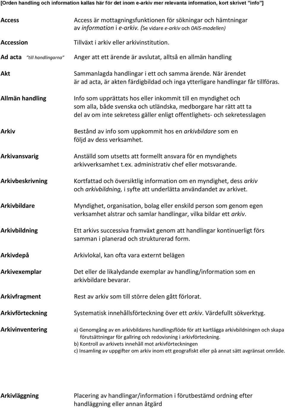 e-arkiv. (Se vidare e-arkiv och 0AlS-modellen) Tillväxt i arkiv eller arkivinstitution. Anger att ett ärende är avslutat, alltså en allmän handling Sammanlagda handlingar i ett och samma ärende.