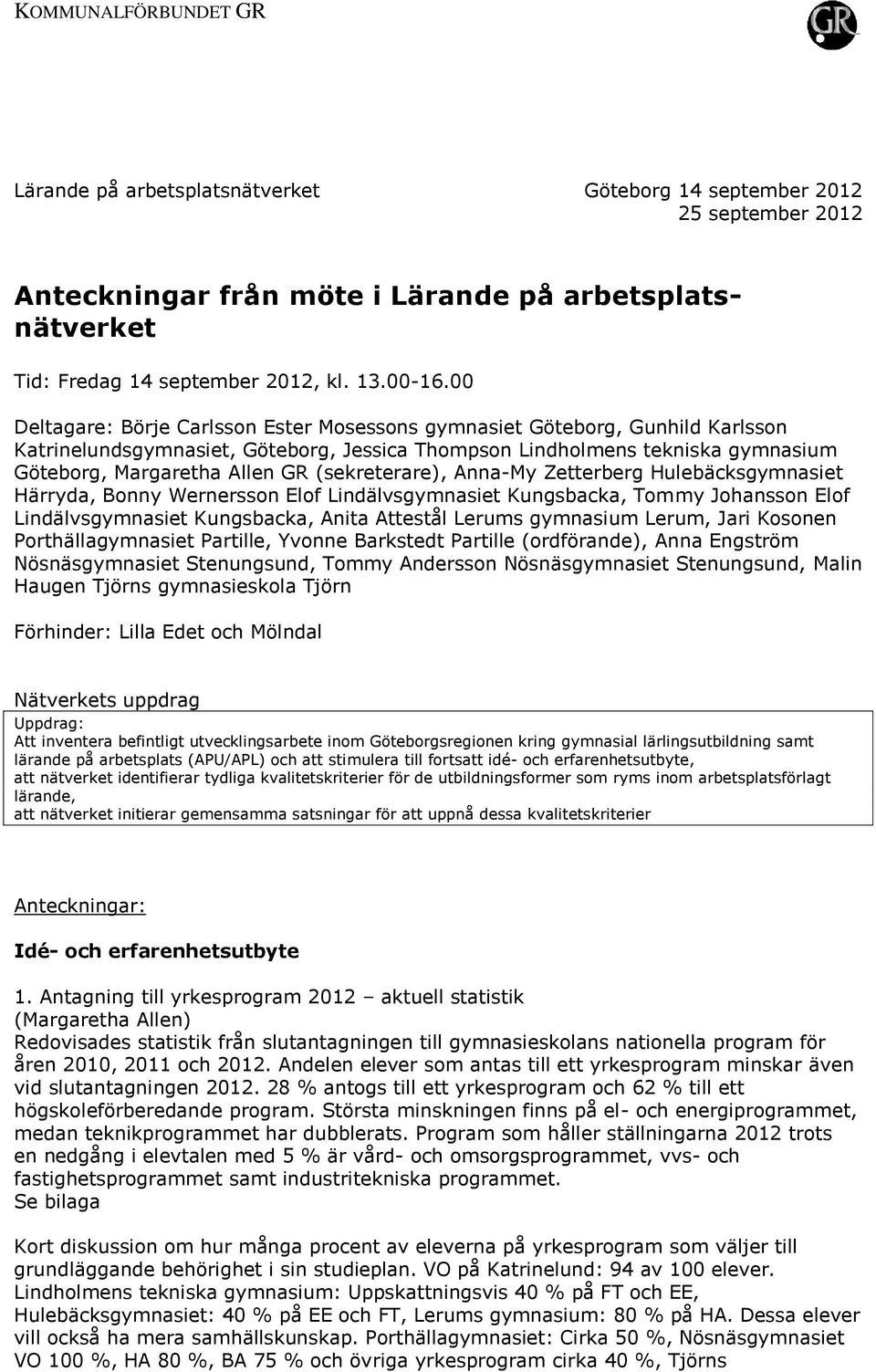 (sekreterare), Anna-My Zetterberg Hulebäcksgymnasiet Härryda, Bonny Wernersson Elof Lindälvsgymnasiet Kungsbacka, Tommy Johansson Elof Lindälvsgymnasiet Kungsbacka, Anita Attestål Lerums gymnasium