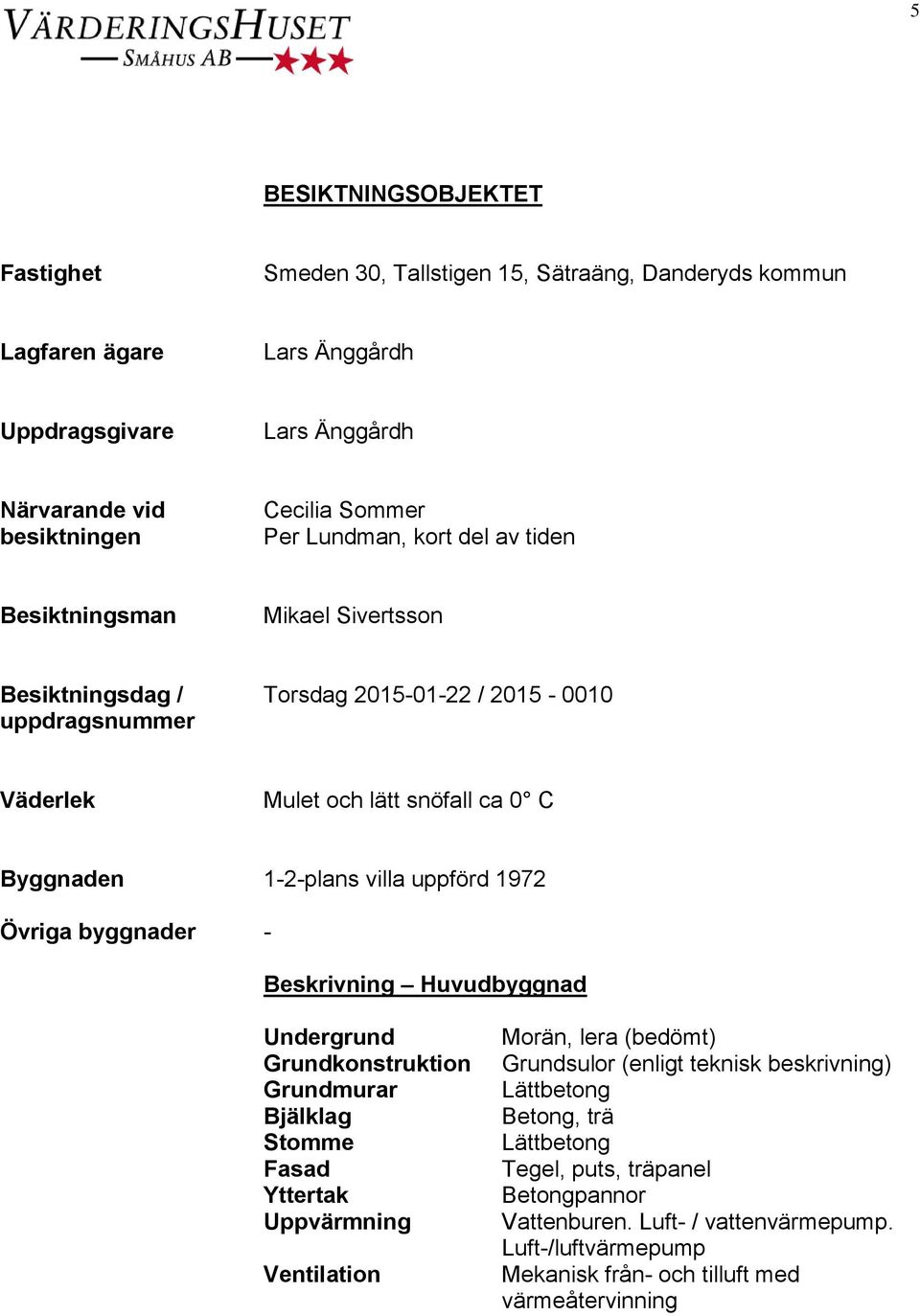 uppförd 1972 Övriga byggnader - Beskrivning Huvudbyggnad Undergrund Grundkonstruktion Grundmurar Bjälklag Stomme Fasad Yttertak Uppvärmning Ventilation Morän, lera (bedömt) Grundsulor (enligt