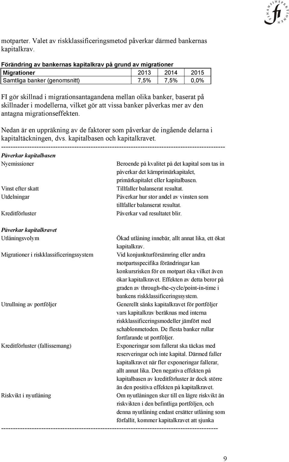 på skillnader i modellerna, vilket gör att vissa banker påverkas mer av den antagna migrationseffekten. Nedan är en uppräkning av de faktorer som påverkar de ingående delarna i kapitaltäckningen, dvs.