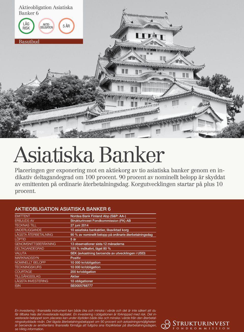 Aktieobligation Asiatiska Banker 6 Emittent Nordea Bank Finland Abp (S&P: AA-) ERBJUDS AV Strukturinvest Fondkommission (FK) AB Tecknas till 27 juni 2014 Underliggande 10 asiatiska bankaktier,