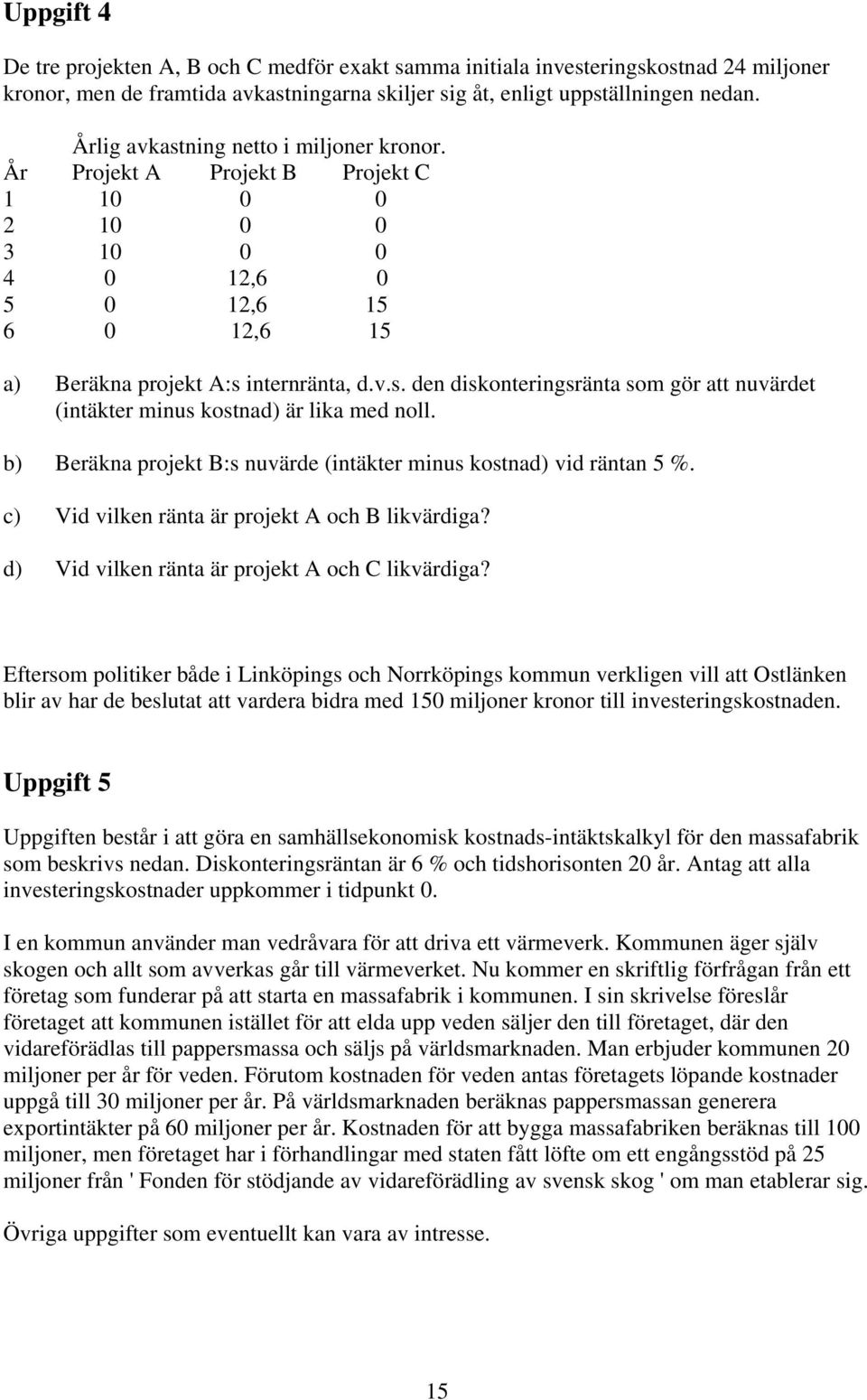 b) Beräkna projekt B:s nuvärde (intäkter minus kostnad) vid räntan 5 %. c) Vid vilken ränta är projekt A och B likvärdiga? d) Vid vilken ränta är projekt A och C likvärdiga?