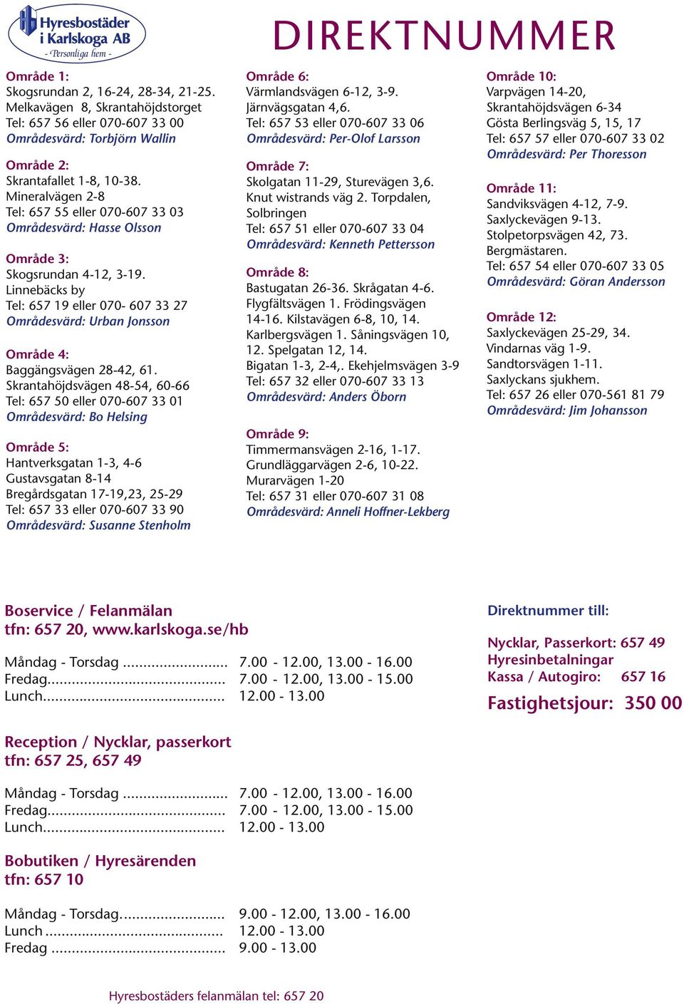 Linnebäcks by Tel: 657 19 eller 070-607 33 27 Områdesvärd: Urban Jonsson Område 4: Baggängsvägen 28-42, 61.