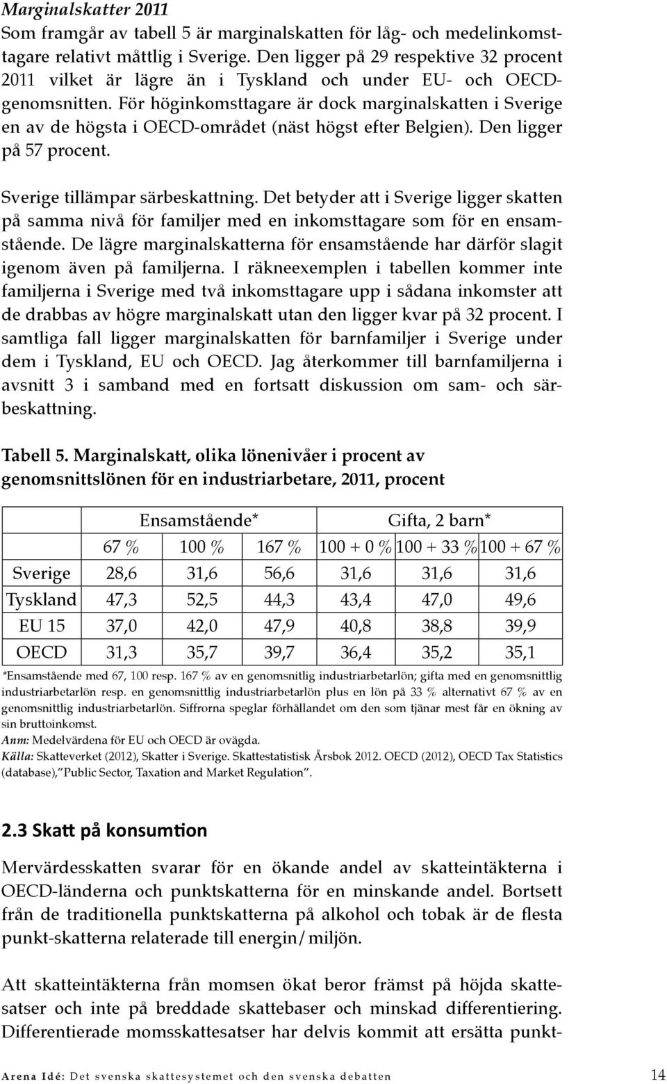 För höginkomsttagare är dock marginalskatten i Sverige en av de högsta i OECD-området (näst högst efter Belgien). Den ligger på 57 procent. Sverige tillämpar särbeskattning.