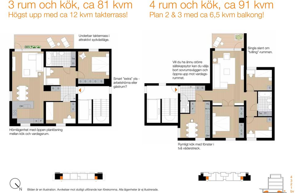 Vill du ha ännu större sällskapsytor kan du välja bort sovrumsväggen och öppna upp mot vardagsrummet.