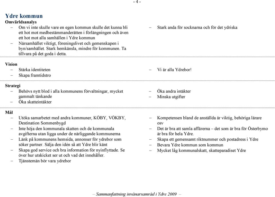 Stärka identiteten Skapa framtidstro Behövs nytt blod i alla kommunens förvaltningar, mycket gammalt tänkande Öka skatteintäkter Stark anda för socknarna och för det ydriska Vi är alla Ydrebor!