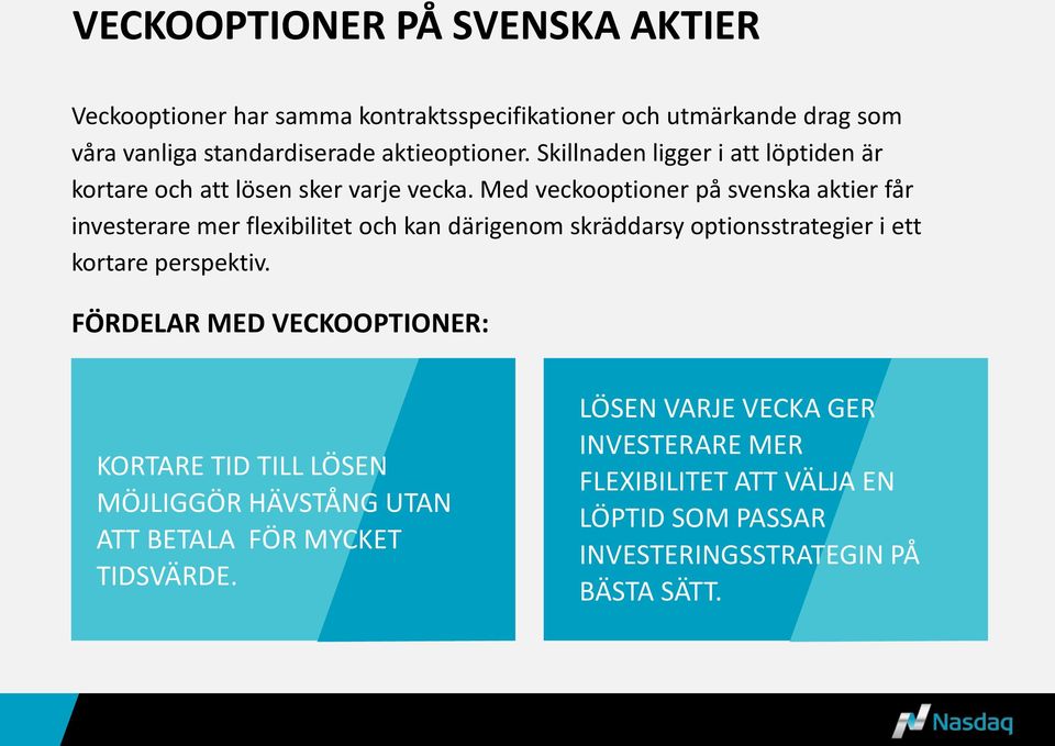 Med veckooptioner på svenska aktier får investerare mer flexibilitet och kan därigenom skräddarsy optionsstrategier i ett kortare perspektiv.