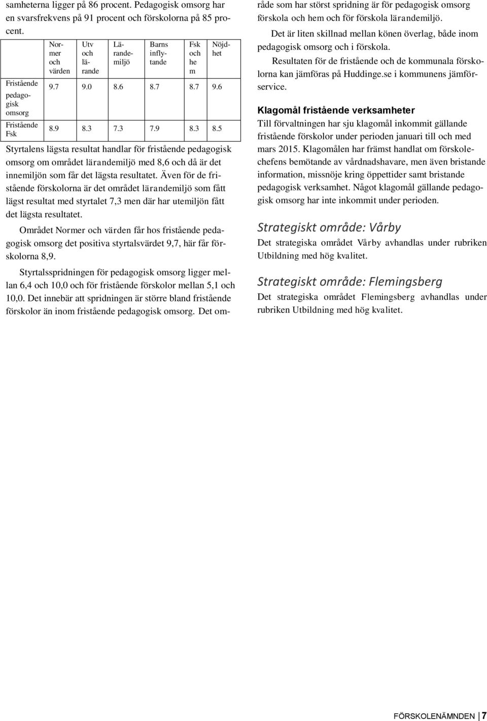 5 Styrtalens lägsta resultat handlar för fristående pedagogisk omsorg om området lärandemiljö med 8,6 och då är det innemiljön som får det lägsta resultatet.