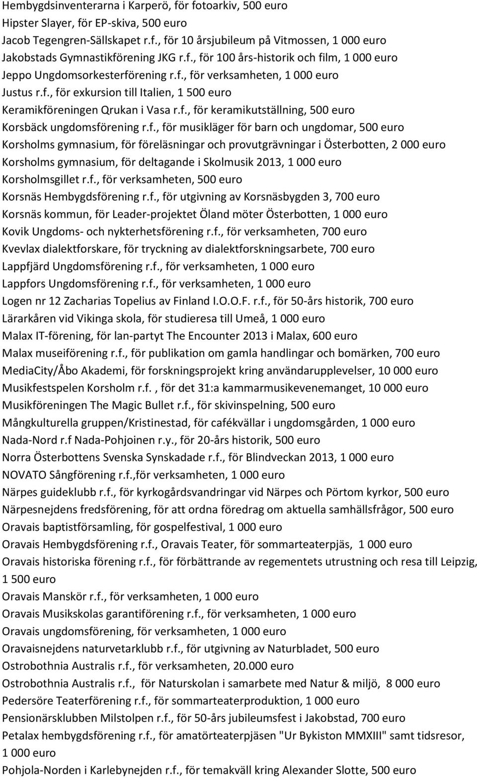 och ungdomar, 500 euro Korsholms gymnasium, för föreläsningar och provutgrävningar i Österbotten, 2 000 euro Korsholms gymnasium, för deltagande i Skolmusik 2013, Korsholmsgillet r.f., för verksamheten, 500 euro Korsnäs Hembygdsförening r.