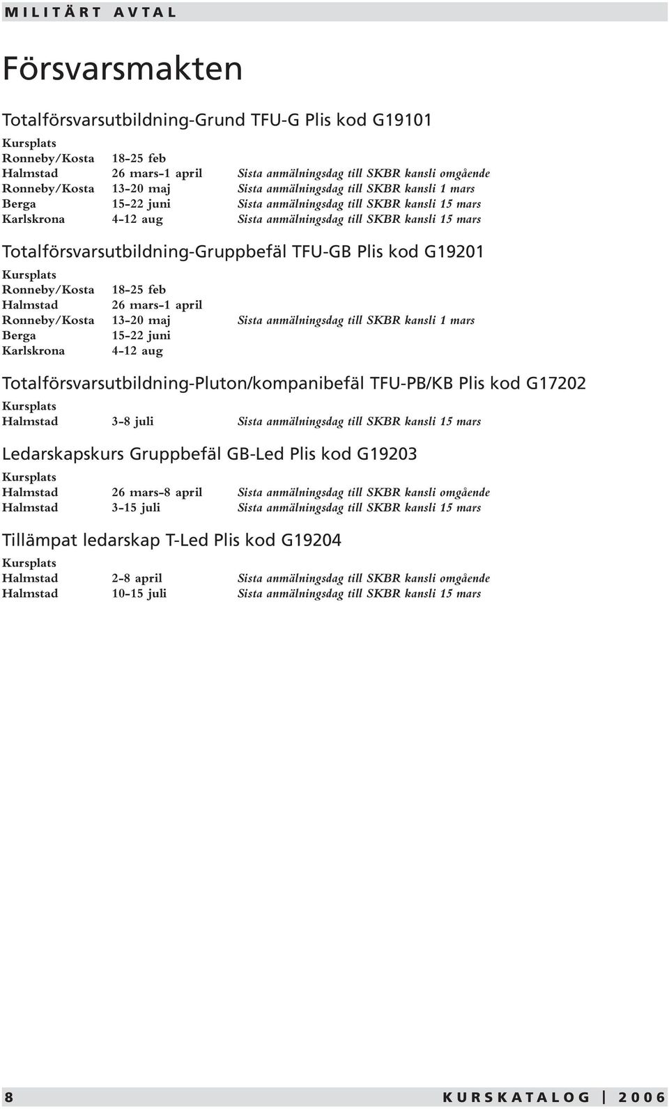 Totalförsvarsutbildning-Gruppbefäl TFU-GB Plis kod G19201 Ronneby/Kosta 18-25 feb Halmstad 26 mars-1 april Ronneby/Kosta 13-20 maj Sista anmälningsdag till SKBR kansli 1 mars Berga 15-22 juni
