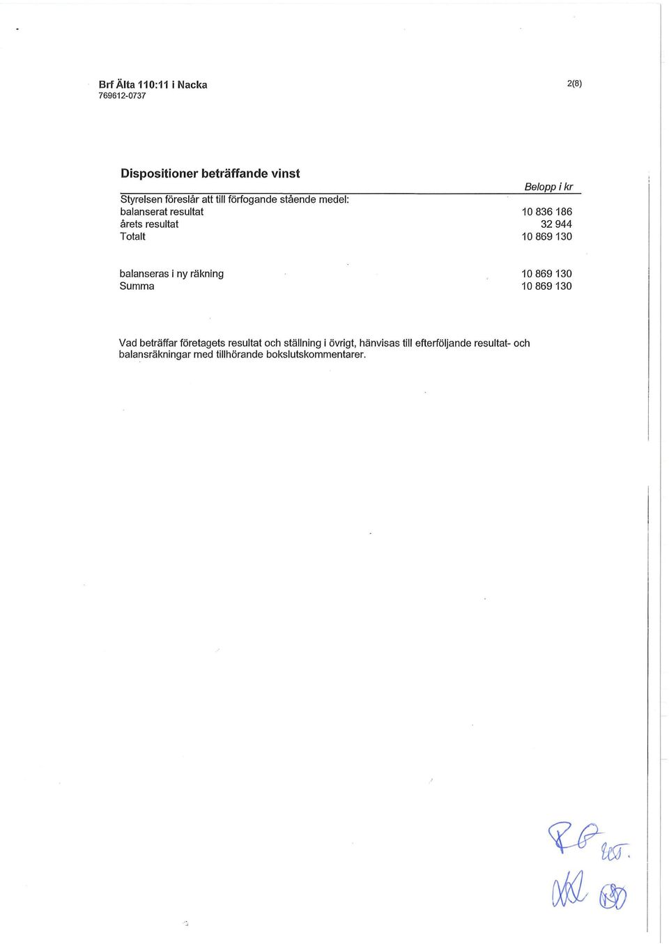 balanseras i ny räkning 10 869 130 Summa 10 869 130 Vad beträffar företagets resultat och ställning i