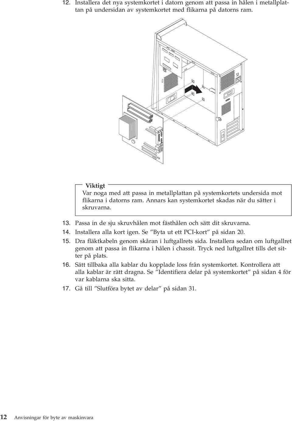 Passa in de sju skruvhålen mot fästhålen och sätt dit skruvarna. 14. Installera alla kort igen. Se Byta ut ett PCI-kort på sidan 20. 15. Dra fläktkabeln genom skåran i luftgallrets sida.