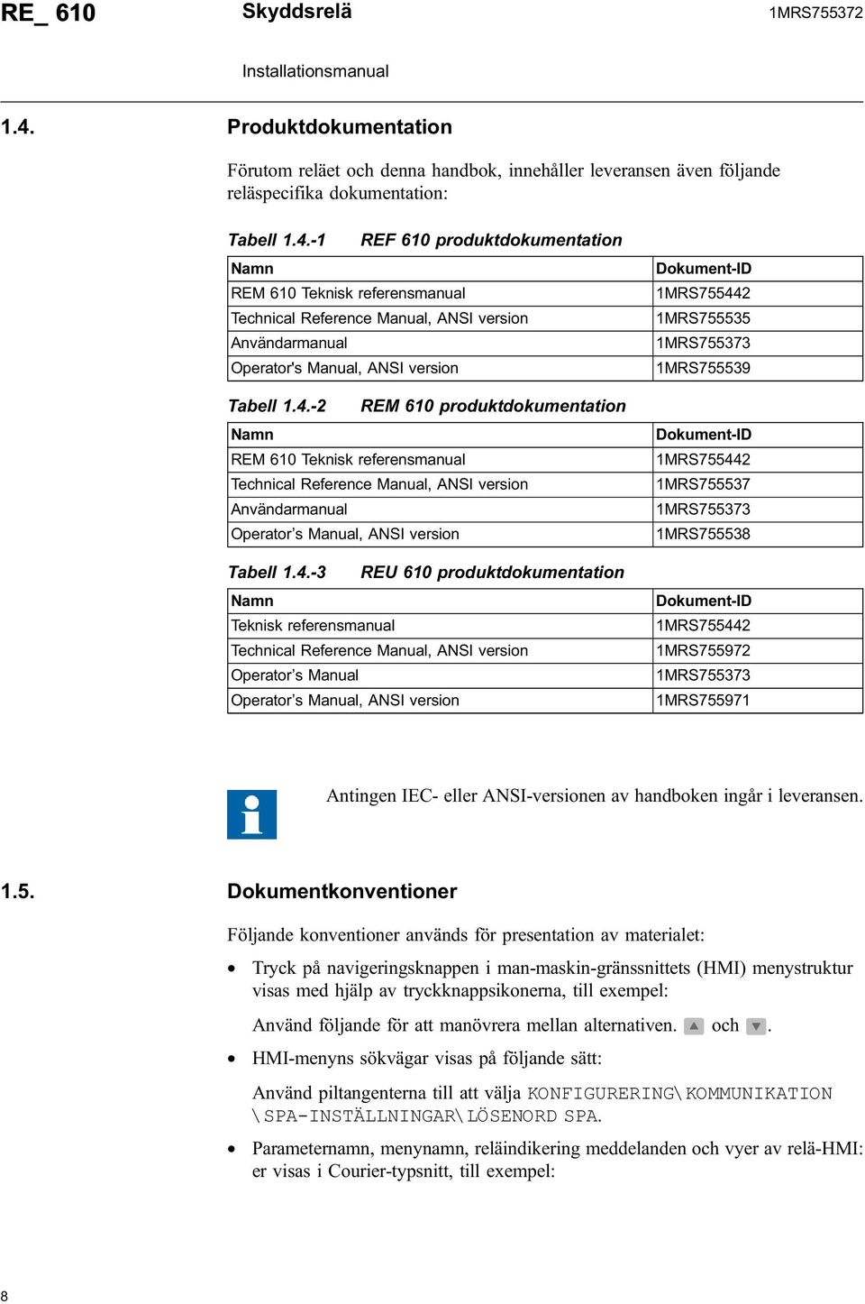 .- REM 0 produktdokumentation Namn REM 0 Teknisk referensmanual Technical Reference Manual, ANSI version Användarmanual Operator s Manual, ANSI version Tabell.