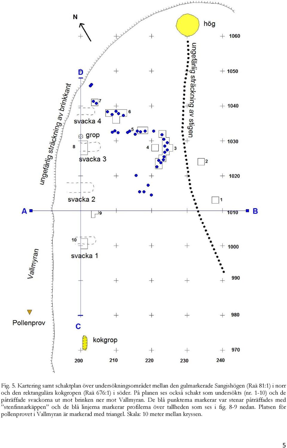 kokgropen (Raä 676:1) i söder. På planen ses också schakt som undersökts (nr.