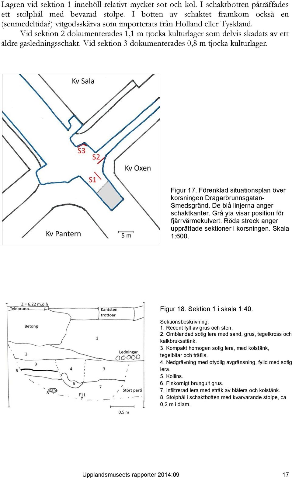 Vid sektion 3 dokumenterades 0,8 m tjocka kulturlager. Figur 17. Förenklad situationsplan över korsningen Dragarbrunnsgatan- Smedsgränd. De blå linjerna anger schaktkanter.