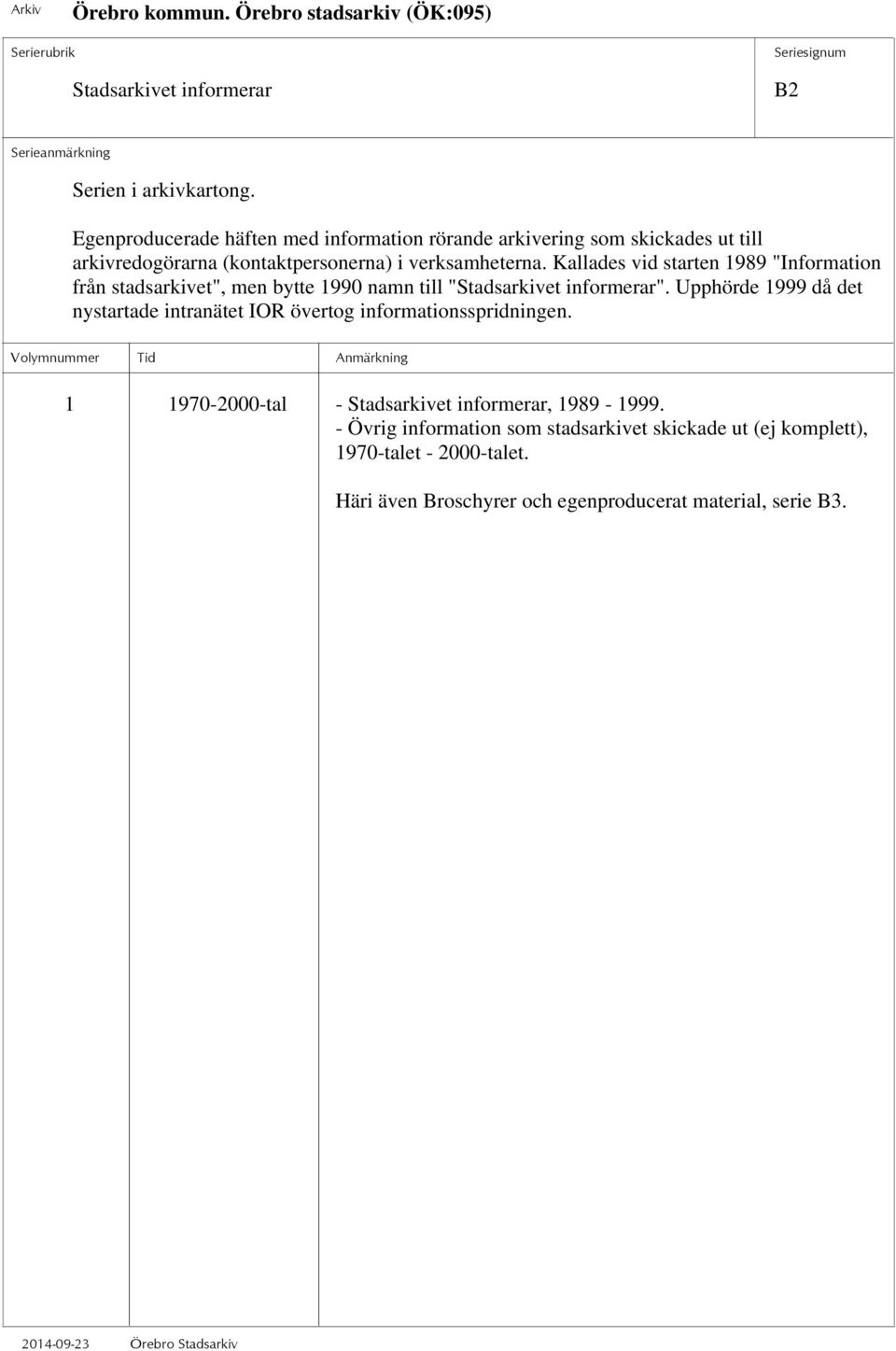 Kallades vid starten 1989 "Information från stadsarkivet", men bytte 1990 namn till "Stadsarkivet informerar".