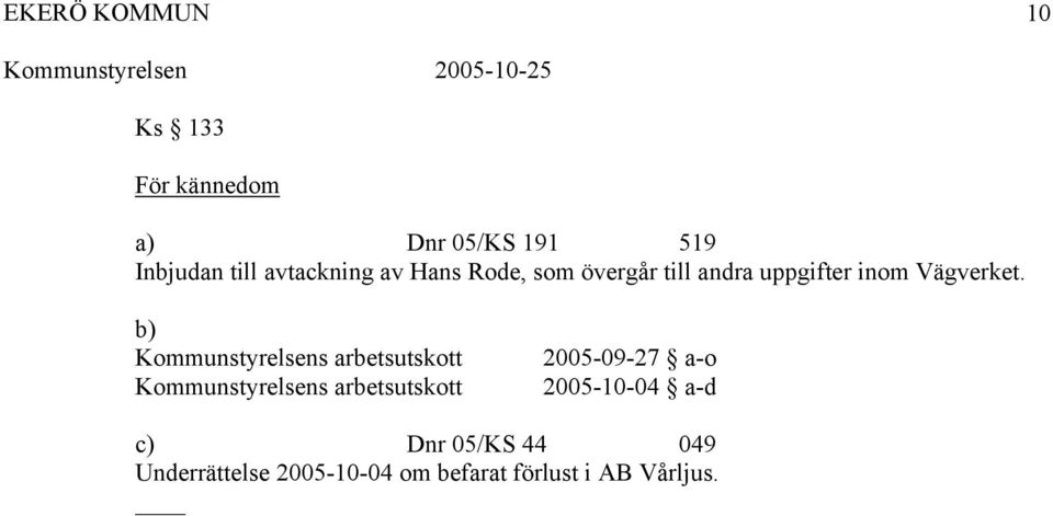 b) Kommunstyrelsens arbetsutskott Kommunstyrelsens arbetsutskott 2005-09-27