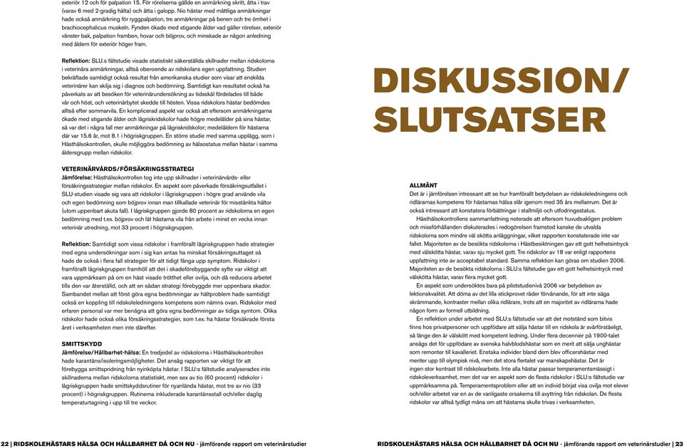 Fynden ökade med stigande ålder vad gäller rörelser, exteriör vänster bak, palpation framben, hovar och böjprov, och minskade av någon anledning med åldern för exteriör höger fram. Reflektion: SLU.