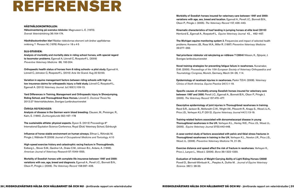 Persson M, (1976) Ridsport nr 18 s 4-5 SLU-studien: Analysis of morbidity and mortality data in riding school horses, with special regard to locomotor problems. Egenvall A, Lönnell C, Roepstorff L.