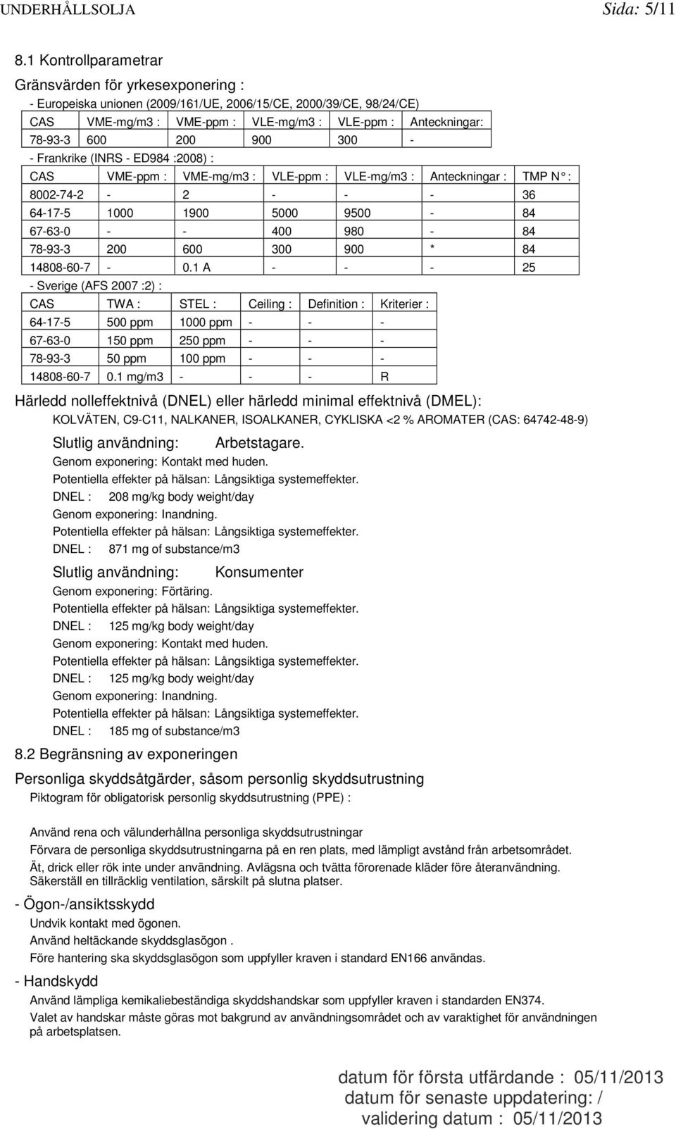 200 900 300 - - Frankrike (INRS - ED984 :2008) : CAS VME-ppm : VME-mg/m3 : VLE-ppm : VLE-mg/m3 : Anteckningar : TMP N : 8002-74-2-2 - - - 36 64-17-5 1000 1900 5000 9500-84 67-63-0 - - 400 980-84