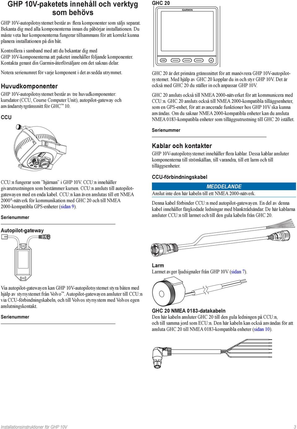 Kontrollera i samband med att du bekantar dig med GHP 10V-komponenterna att paketet innehåller följande komponenter. Kontakta genast din Garmin-återförsäljare om det saknas delar.