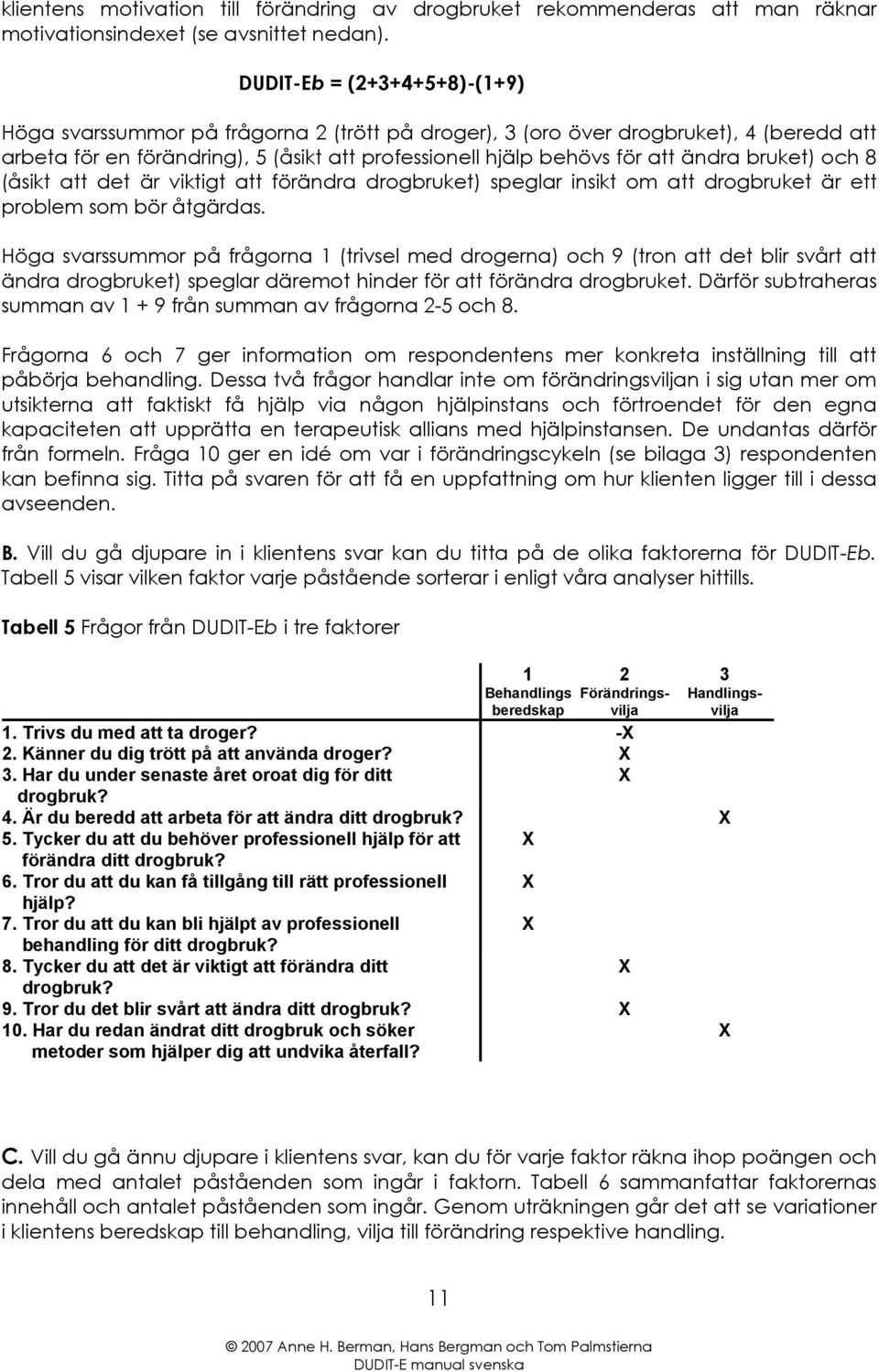 bruket) och 8 (åsikt att det är viktigt att förändra drogbruket) speglar insikt om att drogbruket är ett problem som bör åtgärdas.