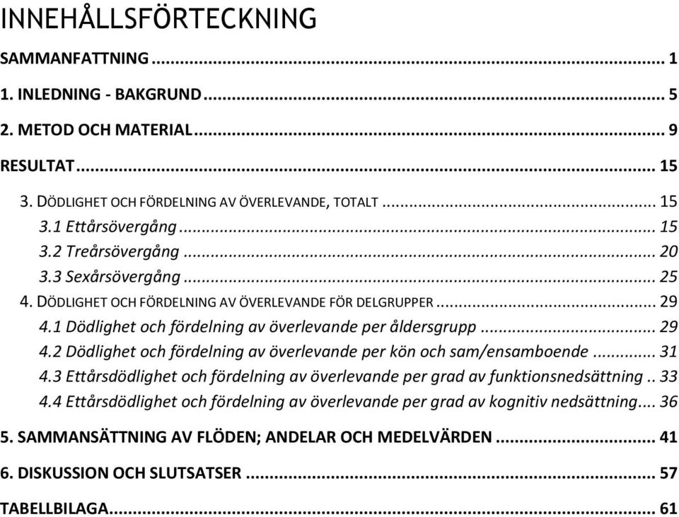 .. 29 4.2 Dödlighet och fördelning av överlevande per kön och sam/ensam... 31 4.3 Ettårsdödlighet och fördelning av överlevande per grad av funktionsnedsättning.. 33 4.