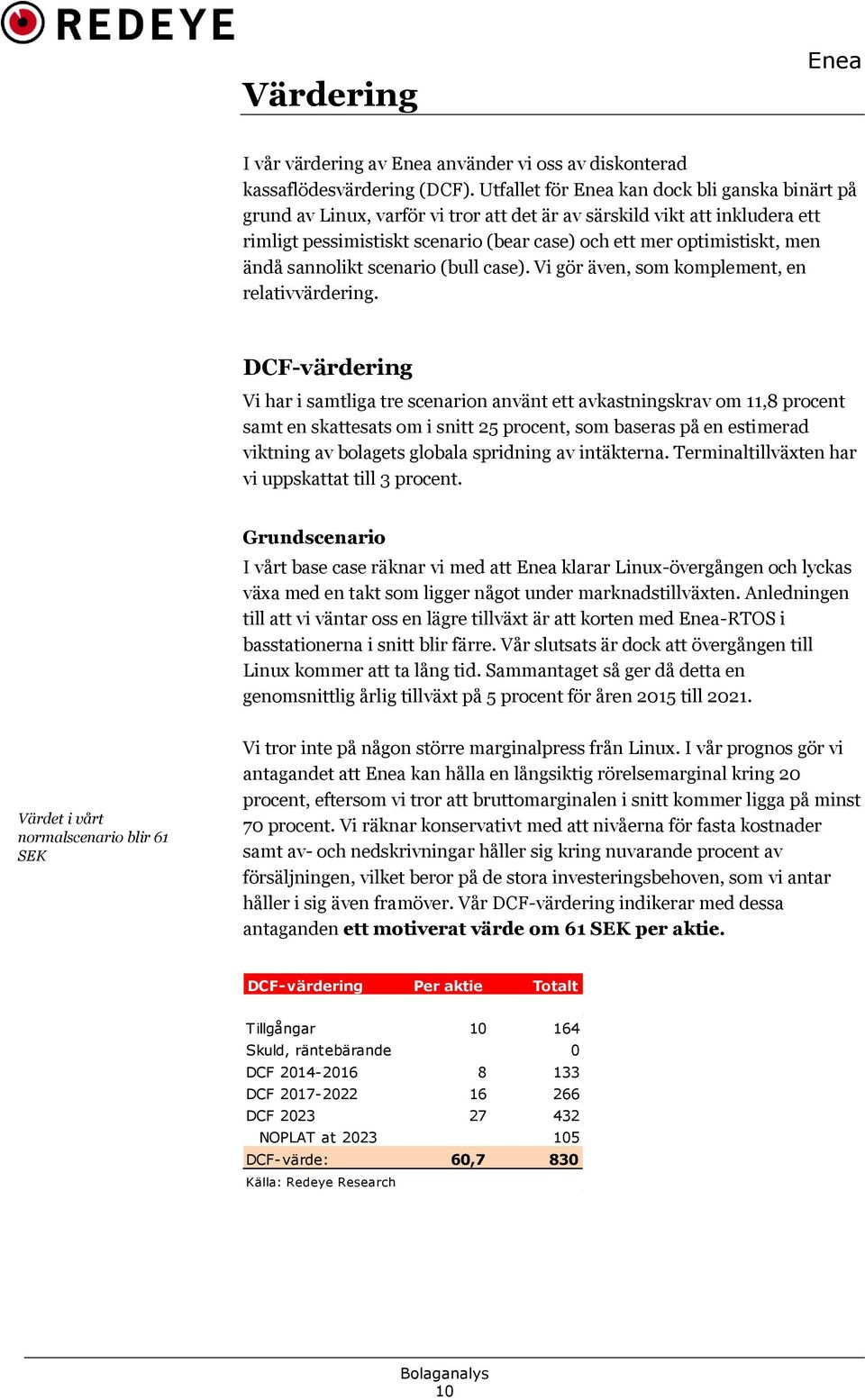 sannolikt scenario (bull case). Vi gör även, som komplement, en relativvärdering.