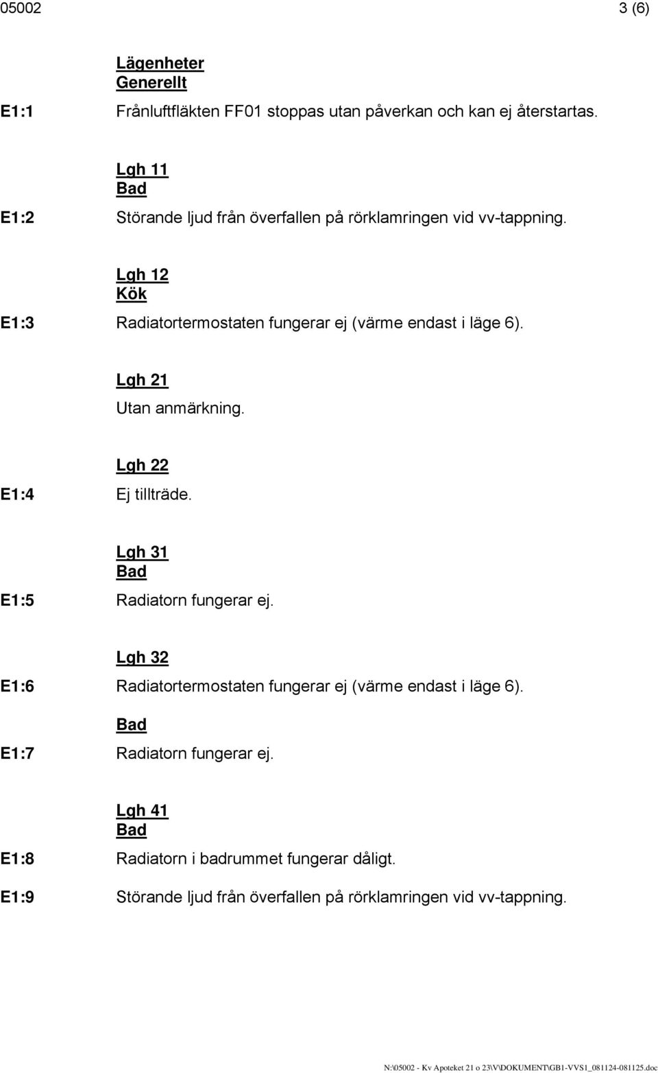 Lgh 12 Kök E1:3 Radiatortermostaten fungerar ej (värme endast i läge 6). Lgh 21 Lgh 22 E1:4 Ej tillträde.