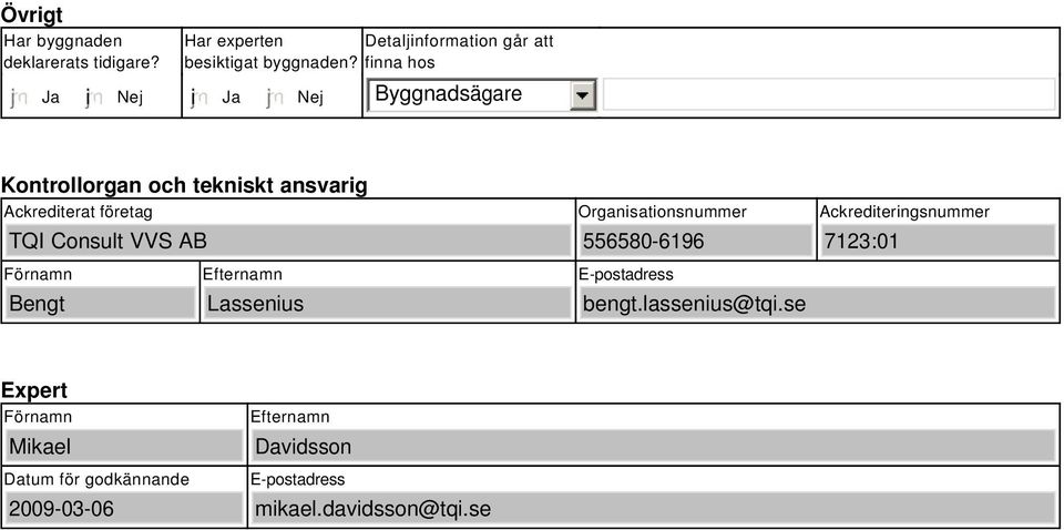 finna hos i Byggnadsägare Kontrollorgan och tekniskt ansvarig Ackrediterat företag TQI Consult VVS AB