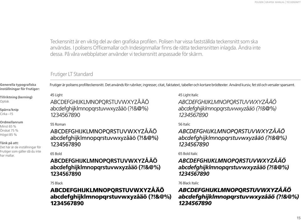 Frutiger LT Standard Generella typografiska inställningar för Frutiger: Tillriktning (kerning) Optisk Spärra/knip Cirka 15 Ordmellanrum Minst 65 % Önskat 75 % Högst 85 % Tänk på att: Det här är de