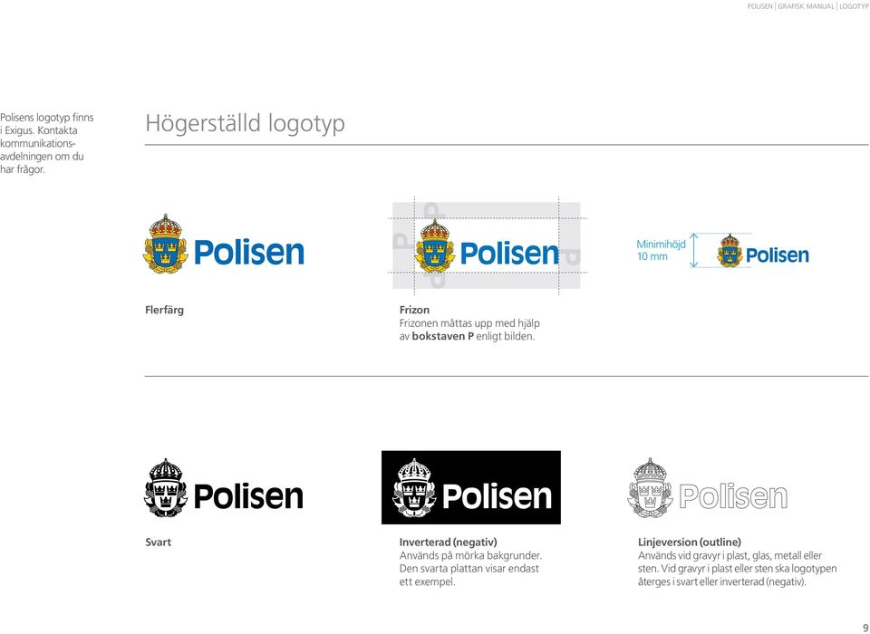 Minimihöjd 10 mm Flerfärg Högerställd logotyp. Frizonen Frizon måttas upp med hjälp av bokstaven P enligt bilden. Frizonen måttas upp med hjälp av bokstaven P enligt bilden. Centrerad logotyp.