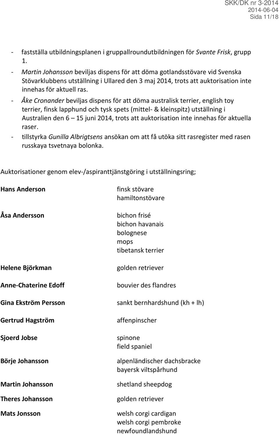 - Åke Cronander beviljas dispens för att döma australisk terrier, english toy terrier, finsk lapphund och tysk spets (mittel- & kleinspitz) utställning i Australien den 6 15 juni 2014, trots att