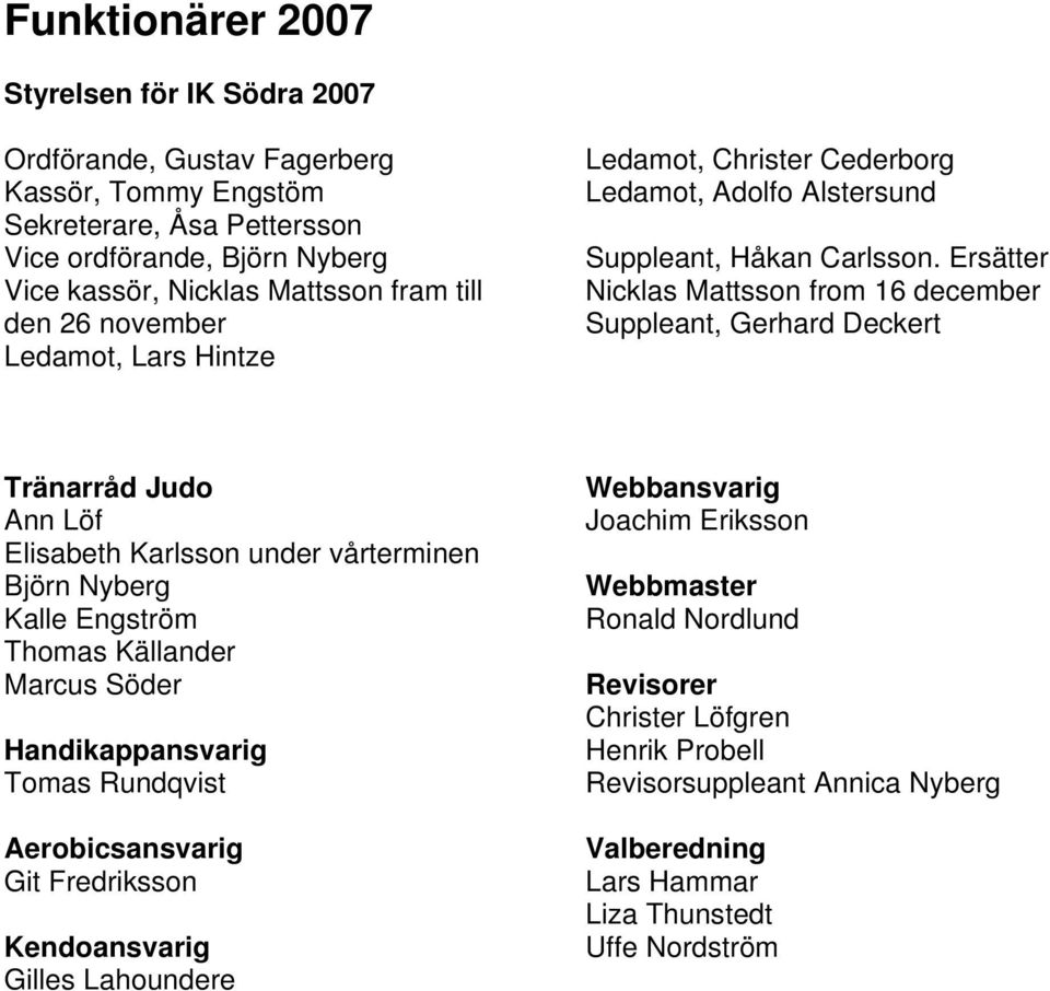 Ersätter Nicklas Mattsson from 16 december Suppleant, Gerhard Deckert Tränarråd Judo Ann Löf Elisabeth Karlsson under vårterminen Björn Nyberg Kalle Engström Thomas Källander Marcus Söder