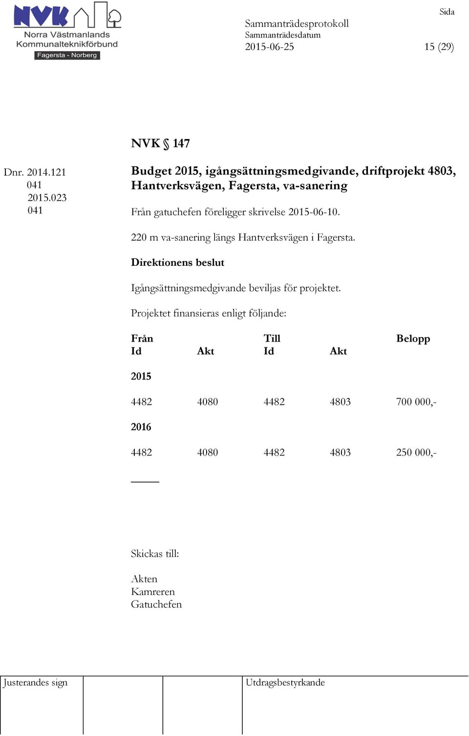 gatuchefen föreligger skrivelse 2015-06-10. 220 m va-sanering längs Hantverksvägen i Fagersta.