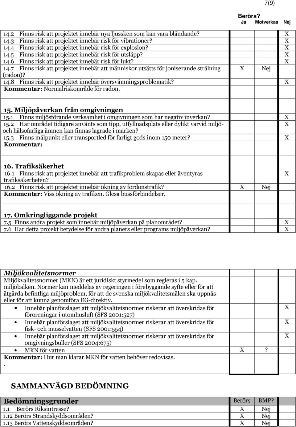 7 Finns risk att projektet innebär att människor utsätts för joniserande strålning Nej (radon) 14.8 Finns risk att projektet innebär översvämningsproblematik Normalriskområde för radon. 15.