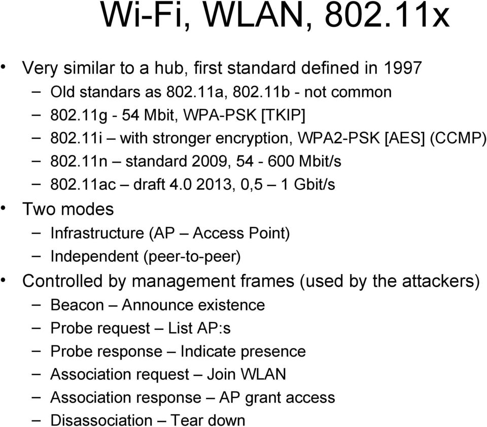 0 2013, 0,5 1 Gbit/s Two modes Infrastructure (AP Access Point) Independent (peer-to-peer) Controlled by management frames (used by the attackers)