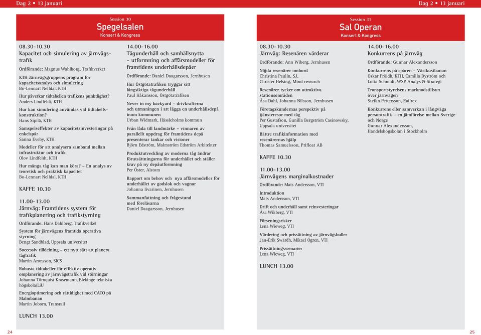 Hans Sipilä, KTH Samspelseffekter av kapacitetsinvesteringar på enkelspår Sanna Eveby, KTH Modeller för att analysera samband mellan infrastruktur och trafik Olov Lindfeldt, KTH Hur många tåg kan man