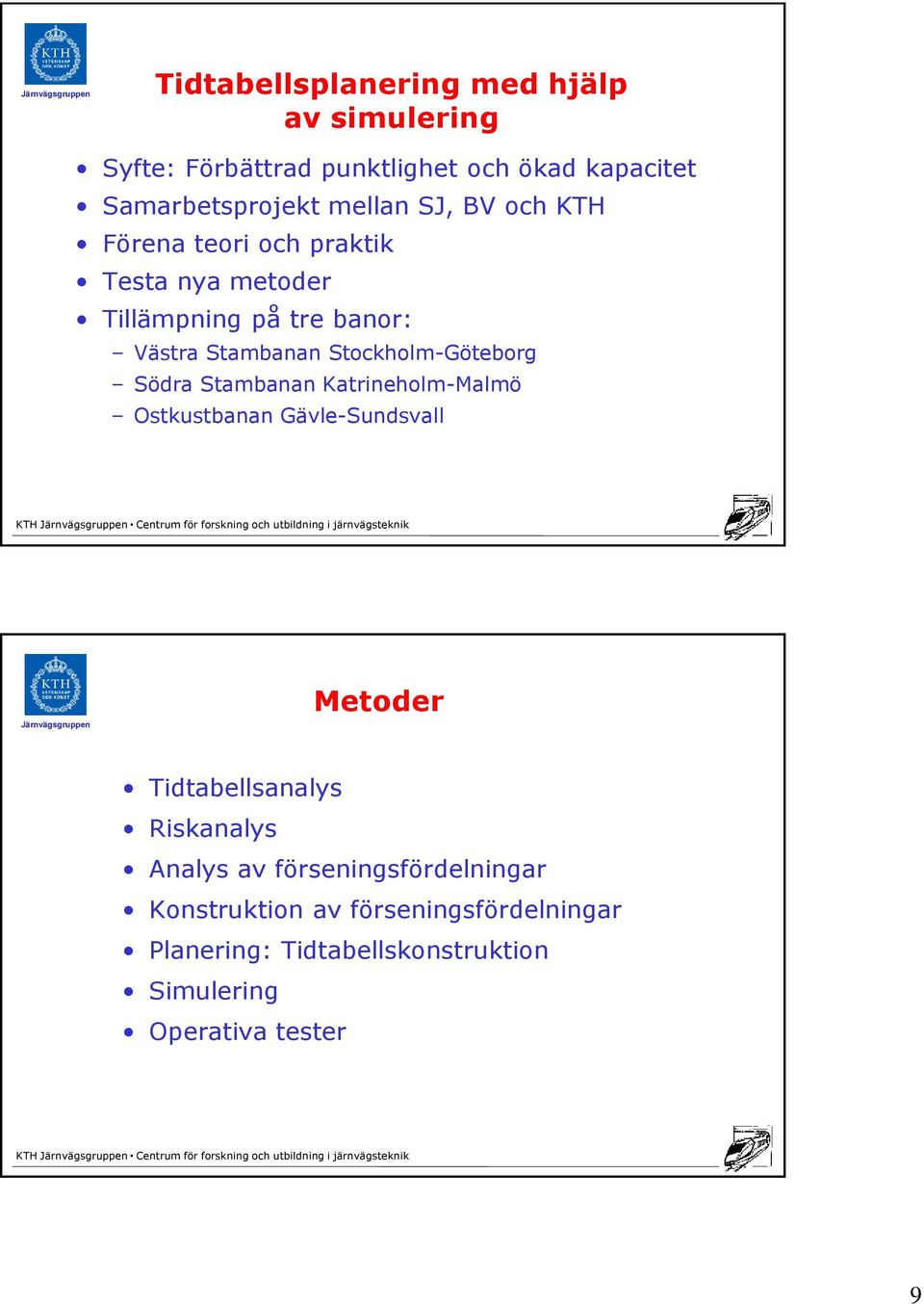 Stockholm-Göteborg Södra Stambanan Katrineholm-Malmö Ostkustbanan Gävle-Sundsvall Metoder Tidtabellsanalys Riskanalys