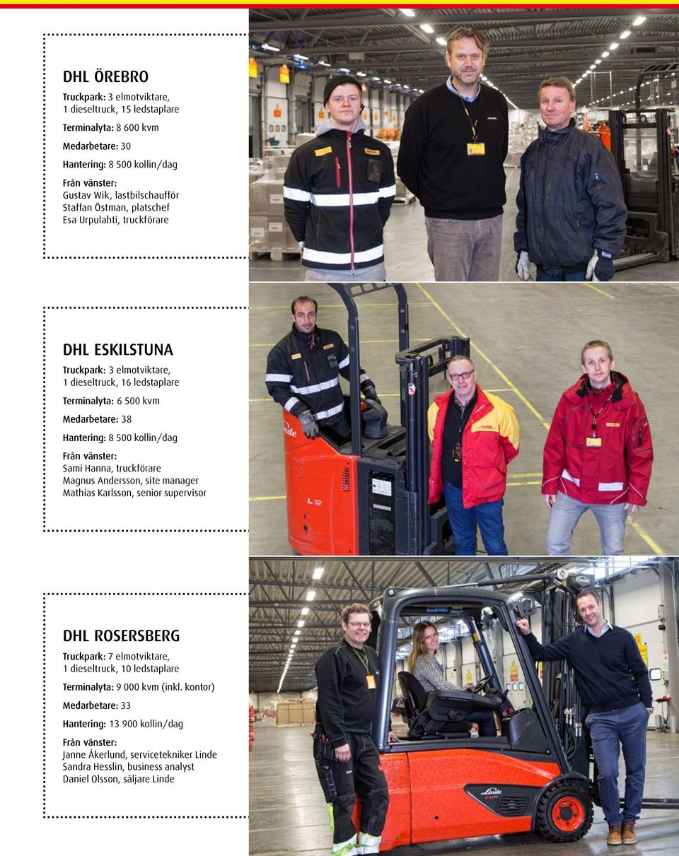 Från vänster: Sami Hanna, truckförare Magnus Andersson, site manager Mathias Karlsson, senior supervisor DHL ROSERSBERG Truckpark: 7 elmotviktare, 1 dieseltruck, 10 ledstaplare