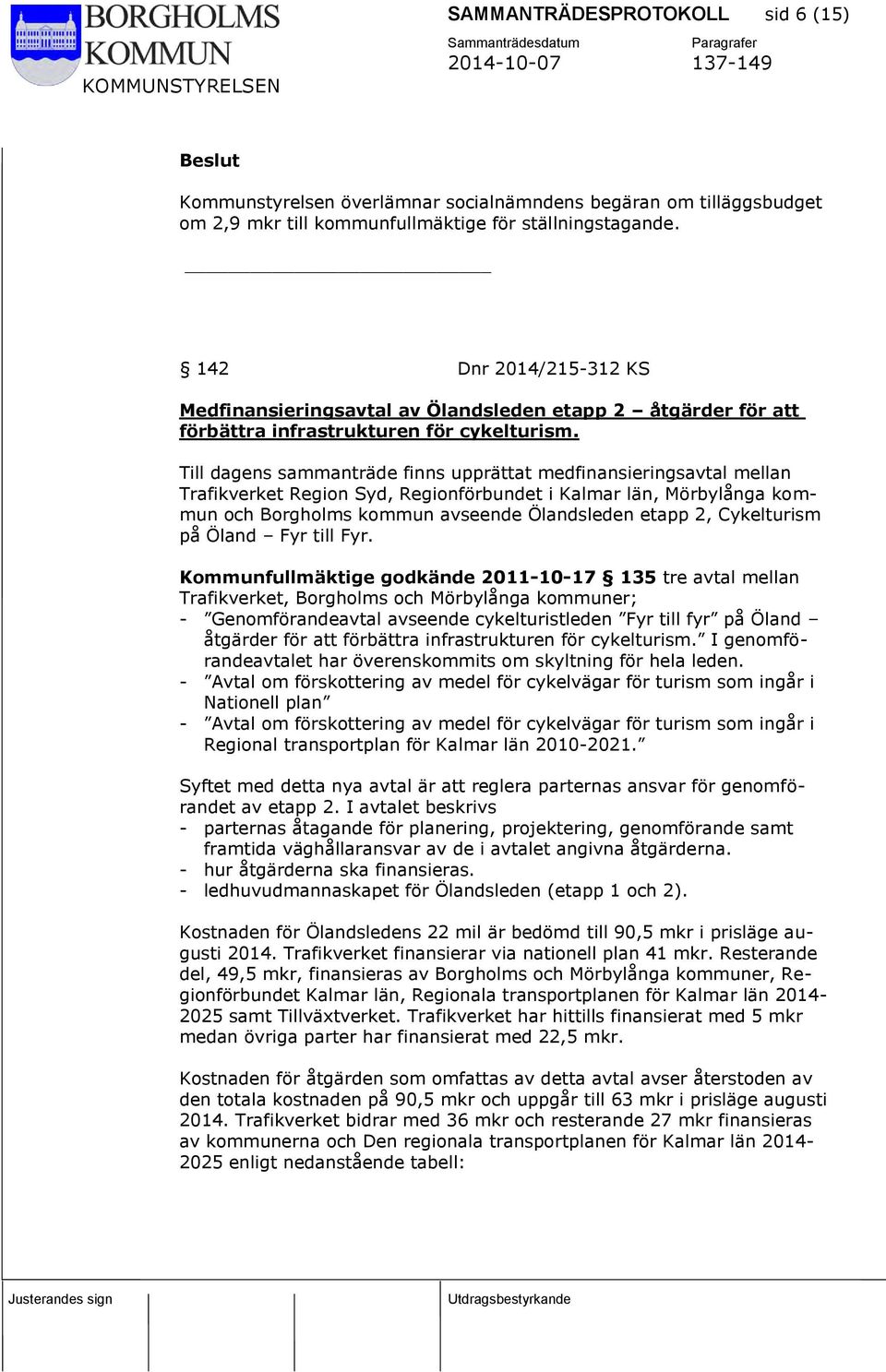 Till dagens sammanträde finns upprättat medfinansieringsavtal mellan Trafikverket Region Syd, Regionförbundet i Kalmar län, Mörbylånga kommun och Borgholms kommun avseende Ölandsleden etapp 2,